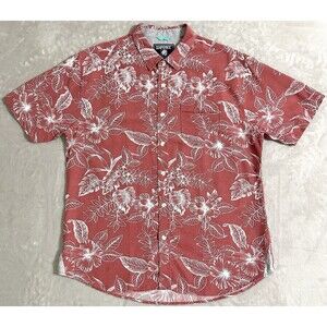 Seapointe Men's Large Coral Orange Hibiscus Floral Resort Beach Alva Camp Shirt